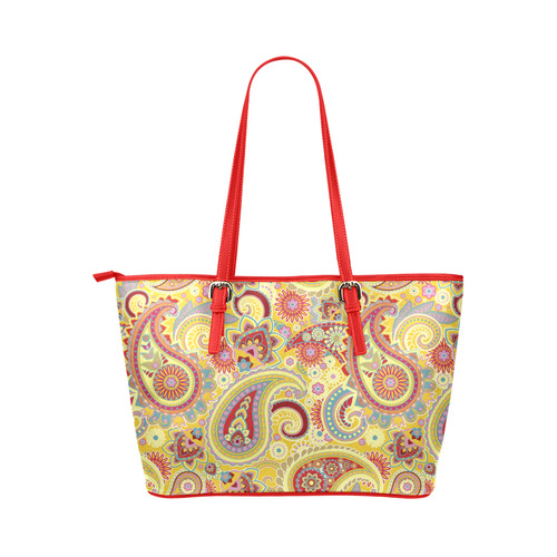 Red Yellow Vintage Paisley Pattern Leather Tote Bag/Large (Model 1651)