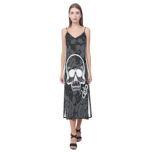 Damasc Skull with Snake by JamColors V-Neck Open Fork Long Dress(Model D18)