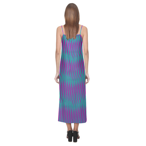 Wavy Stripes, Teal & Purple V-Neck Open Fork Long Dress(Model D18)