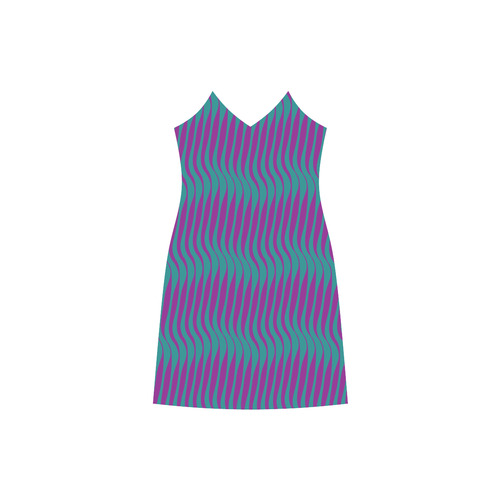 Wavy Stripes, Teal & Purple V-Neck Open Fork Long Dress(Model D18)