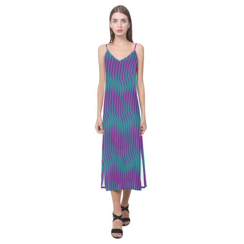 Wavy Stripes, Teal & Purple V-Neck Open Fork Long Dress(Model D18)