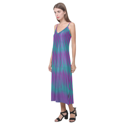 Wavy Stripes, Teal & Purple V-Neck Open Fork Long Dress(Model D18)