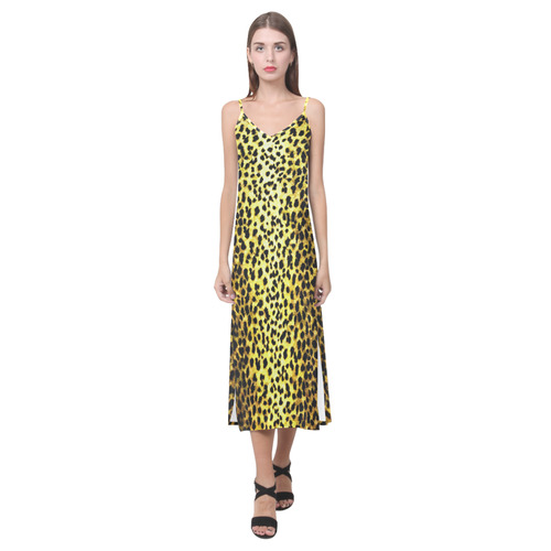 Leopard Wallpaper Print V-Neck Open Fork Long Dress(Model D18)