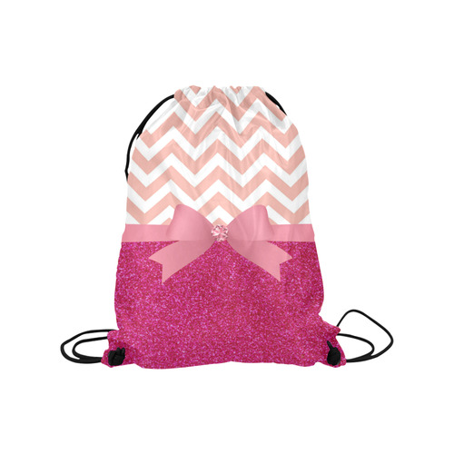 Pink Chevron, Hot Pink Glitter and Bow Medium Drawstring Bag Model 1604 (Twin Sides) 13.8"(W) * 18.1"(H)