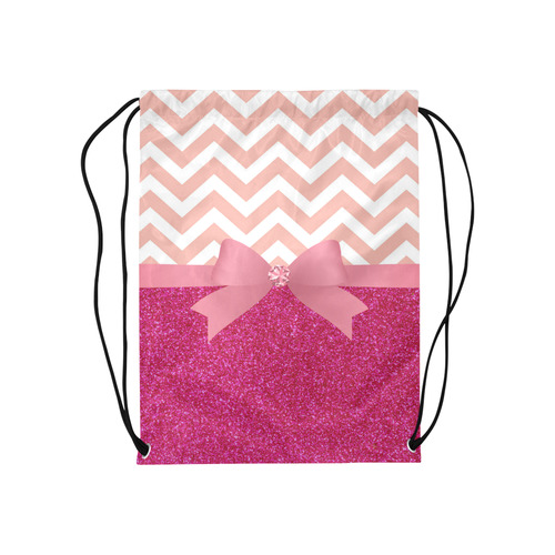 Pink Chevron, Hot Pink Glitter and Bow Medium Drawstring Bag Model 1604 (Twin Sides) 13.8"(W) * 18.1"(H)