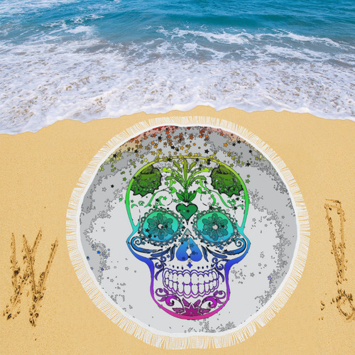 psychedelic Pop Skull 317E by JamColors Circular Beach Shawl 59"x 59"
