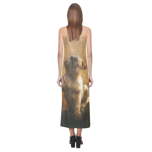 Cute painting pug puppy V-Neck Open Fork Long Dress(Model D18)