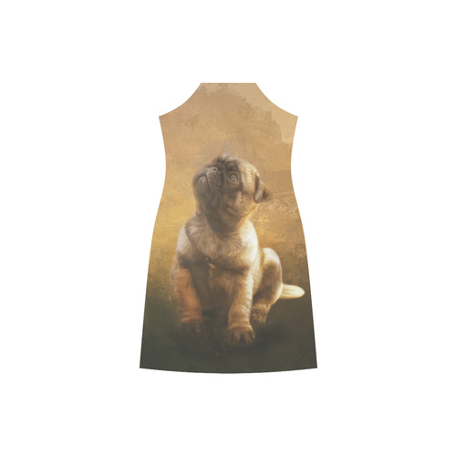 Cute painting pug puppy V-Neck Open Fork Long Dress(Model D18)