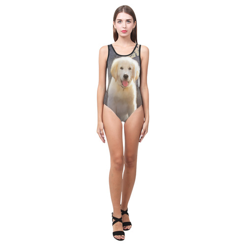 A cute painting golden retriever puppy Vest One Piece Swimsuit (Model S04)