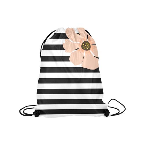 Black White Stripes with Peach Brown Flower Medium Drawstring Bag Model 1604 (Twin Sides) 13.8"(W) * 18.1"(H)