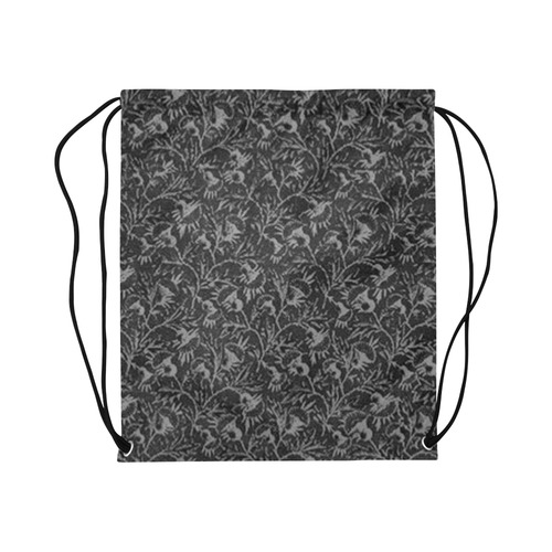 Vintage Floral Charcoal Black Large Drawstring Bag Model 1604 (Twin Sides)  16.5"(W) * 19.3"(H)