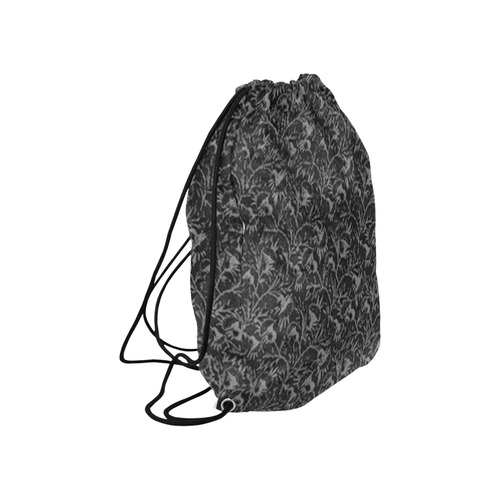 Vintage Floral Charcoal Black Large Drawstring Bag Model 1604 (Twin Sides)  16.5"(W) * 19.3"(H)