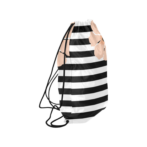 Black White Stripes with Peach Brown Flower Medium Drawstring Bag Model 1604 (Twin Sides) 13.8"(W) * 18.1"(H)