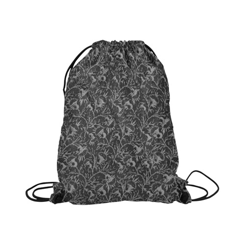 Vintage Floral Charcoal Black Large Drawstring Bag Model 1604 (Twin Sides)  16.5"(W) * 19.3"(H)