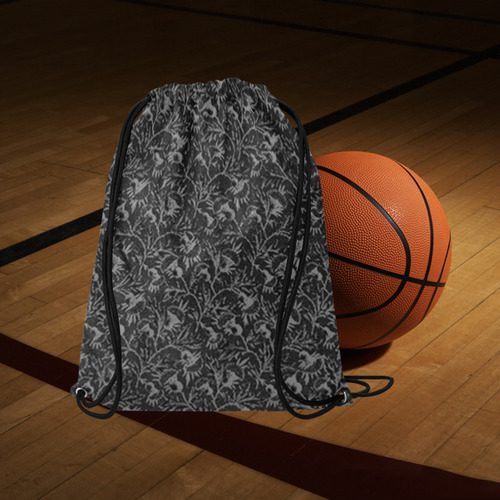 Vintage Floral Charcoal Black Large Drawstring Bag Model 1604 (Twin Sides)  16.5"(W) * 19.3"(H)