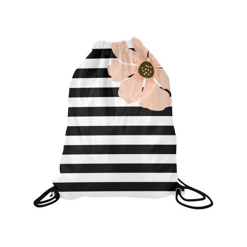 Black White Stripes with Peach Brown Flower Medium Drawstring Bag Model 1604 (Twin Sides) 13.8"(W) * 18.1"(H)