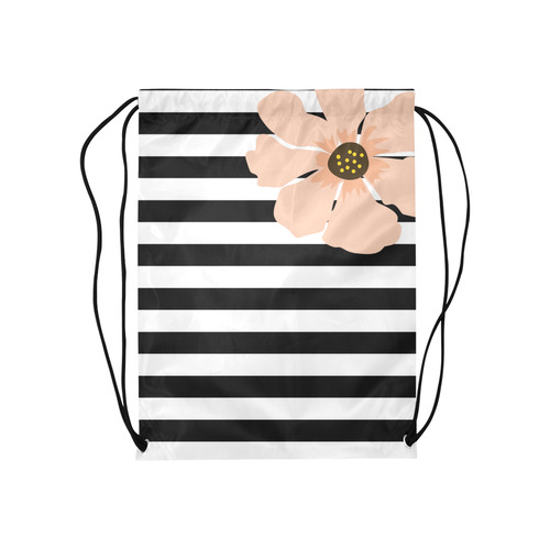 Black White Stripes with Peach Brown Flower Medium Drawstring Bag Model 1604 (Twin Sides) 13.8"(W) * 18.1"(H)