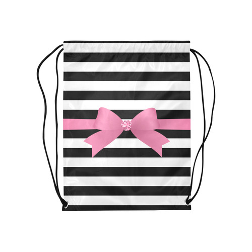 Black White Stripes with Pink Bow Medium Drawstring Bag Model 1604 (Twin Sides) 13.8"(W) * 18.1"(H)