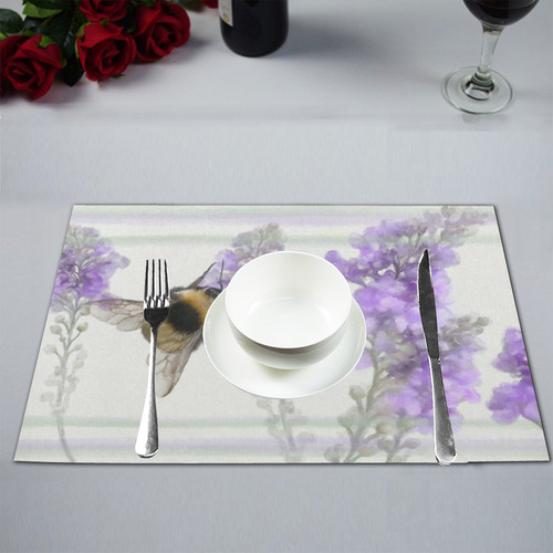 Bumblebee on purple flowers, floral watercolor Placemat 12’’ x 18’’ (Set of 4)