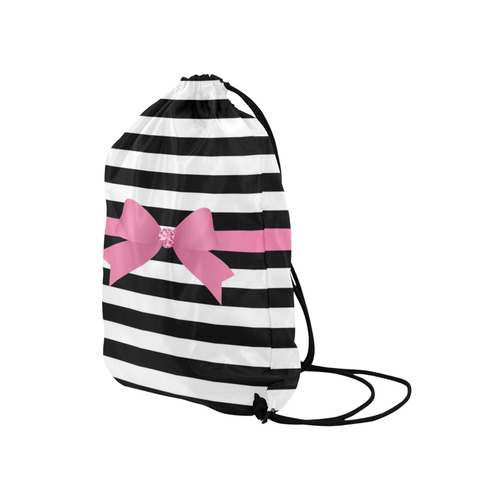 Black White Stripes with Pink Bow Medium Drawstring Bag Model 1604 (Twin Sides) 13.8"(W) * 18.1"(H)
