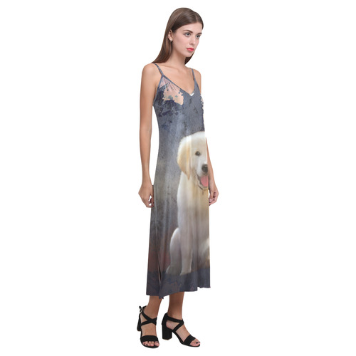 A cute painting golden retriever puppy V-Neck Open Fork Long Dress(Model D18)