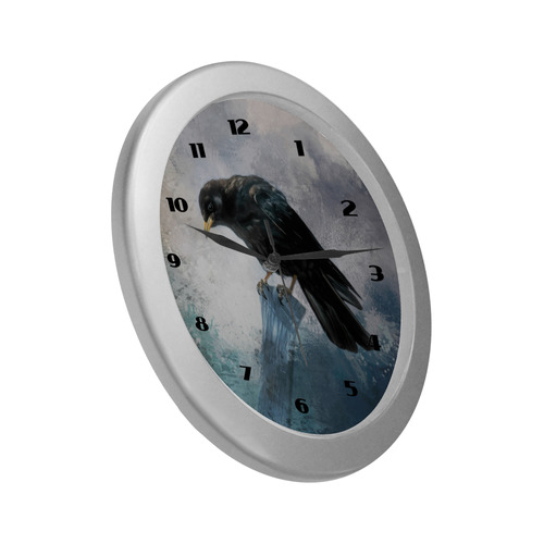 A beautiful painted black crow Silver Color Wall Clock