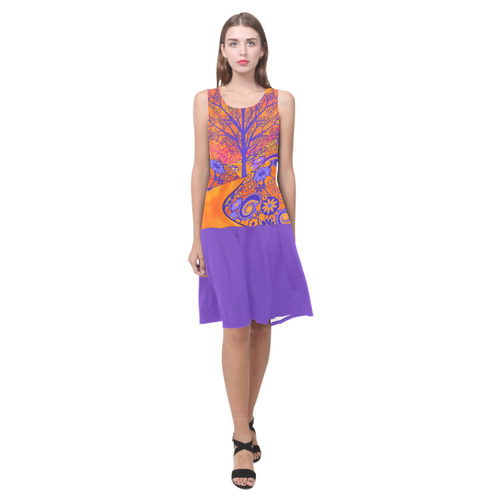 Sunset Print Flowers Dress Purple Sleeveless Splicing Shift Dress(Model D17)