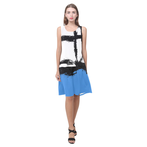 Black Splatter Paint White Blue Print Dress Sleeveless Splicing Shift Dress(Model D17)