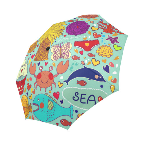 Cute Cartoon Summer Love Fun Beach Fish Sea Auto-Foldable Umbrella (Model U04)