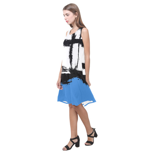 Black Splatter Paint White Blue Print Dress Sleeveless Splicing Shift Dress(Model D17)