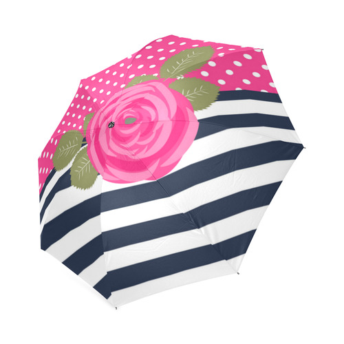 Navy White Stripes, Pink Polka Dots, Pink Rose Flower Foldable Umbrella (Model U01)