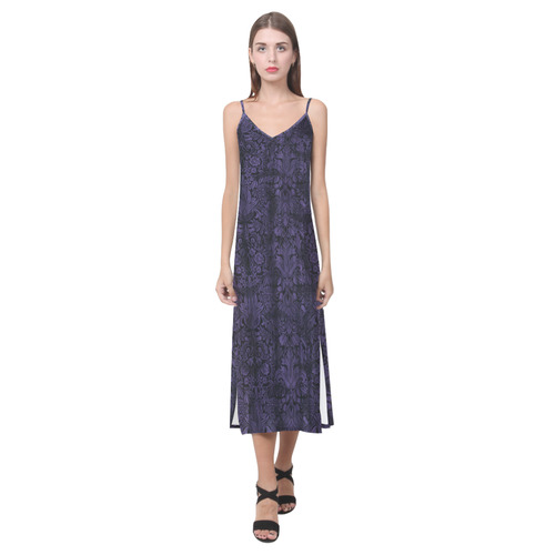 Dark Purple Damask Background V-Neck Open Fork Long Dress(Model D18)