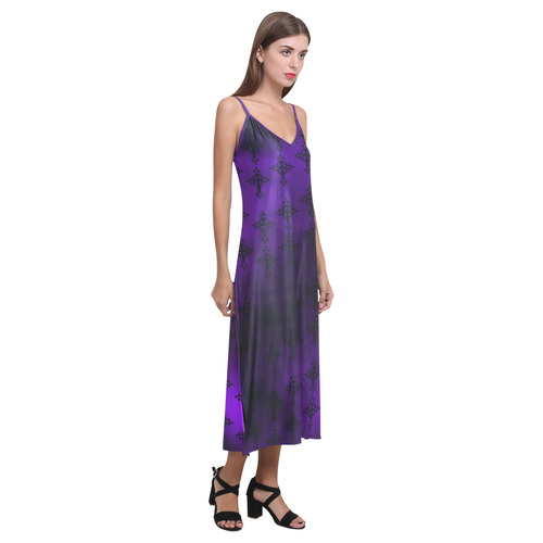 Purple and Black Goth Crosses V-Neck Open Fork Long Dress(Model D18)