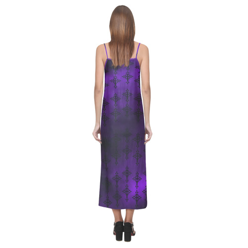 Purple and Black Goth Crosses V-Neck Open Fork Long Dress(Model D18)