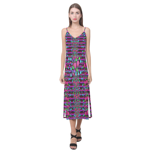 Raining rain and mermaid shells Pop art V-Neck Open Fork Long Dress(Model D18)