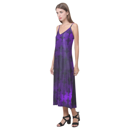 Purple and Black Goth Crosses V-Neck Open Fork Long Dress(Model D18)