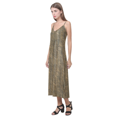 Antique Gold Texture Steampunk Style V-Neck Open Fork Long Dress(Model D18)