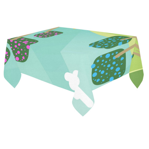 Pink Blue Green Abstract Geometic Landscape Cotton Linen Tablecloth 60"x 84"