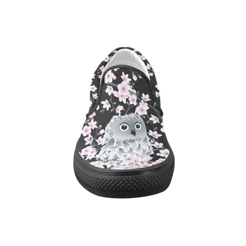 Cute Owl and Cherry Blossoms Black Pink Asia Floral Women's Unusual Slip-on Canvas Shoes (Model 019)