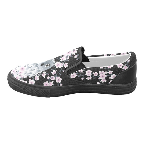 Cute Owl and Cherry Blossoms Black Pink Asia Floral Women's Unusual Slip-on Canvas Shoes (Model 019)