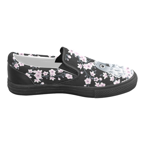 Cute Owl and Cherry Blossoms Black Pink Asia Floral Women's Unusual Slip-on Canvas Shoes (Model 019)