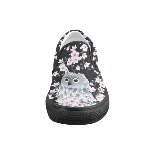 Cute Owl and Cherry Blossoms Black Pink Asia Floral Women's Unusual Slip-on Canvas Shoes (Model 019)