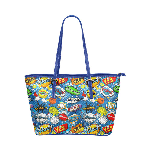 Comic Speech Bubbles Wow Pow Yes Splash Leather Tote Bag/Large (Model 1651)