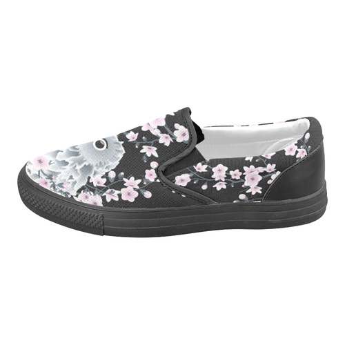 Cute Owl and Cherry Blossoms Black Pink Asia Floral Women's Unusual Slip-on Canvas Shoes (Model 019)