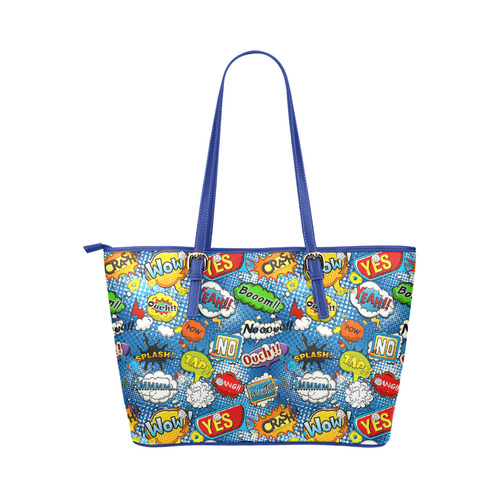 Comic Speech Bubbles Wow Pow Yes Splash Leather Tote Bag/Large (Model 1651)