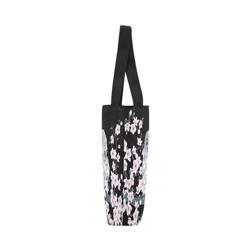 Cute Owl and Cherry Blossoms Black Pink Asia Floral Canvas Tote Bag (Model 1657)