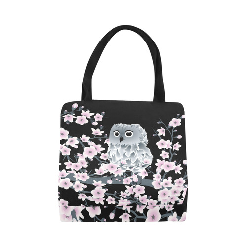 Cute Owl and Cherry Blossoms Black Pink Asia Floral Canvas Tote Bag (Model 1657)