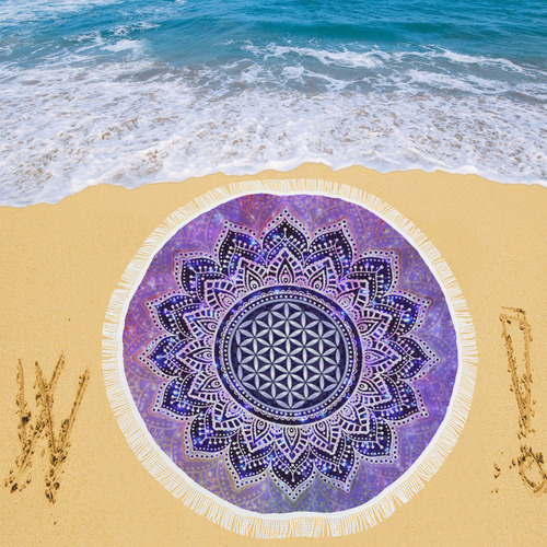 Flower Of Life Lotus Of India Galaxy Colored Circular Beach Shawl 59"x 59"