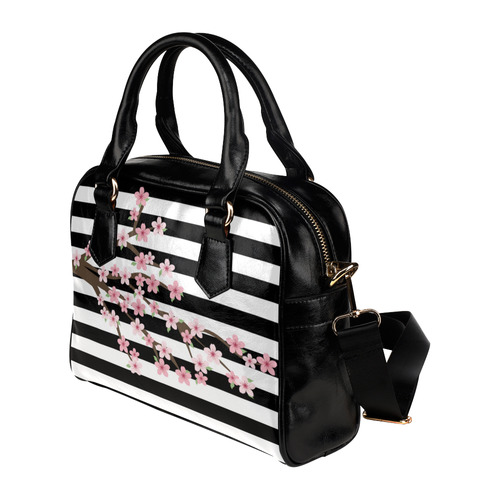 Black White Stripes, Cherry Blossom Flower Tree, Floral Pattern Shoulder Handbag (Model 1634)