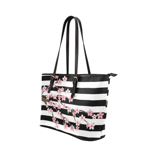 Black White Stripes, Cherry Blossom Flower Tree, Floral Pattern Leather Tote Bag/Small (Model 1651)